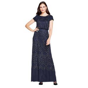 Adrianna Papell Short Sleeve Beaded  Evening Dress Navy Size 0